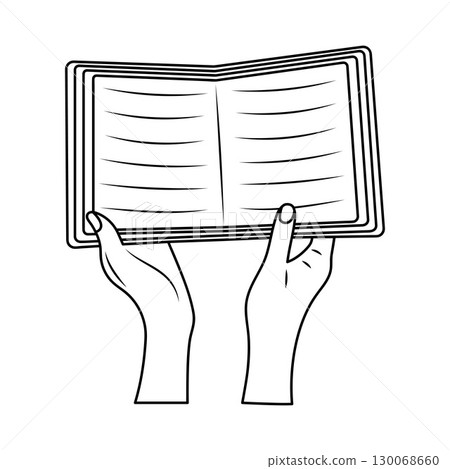 Hands holding open book. Doodle line vector illustration 130068660