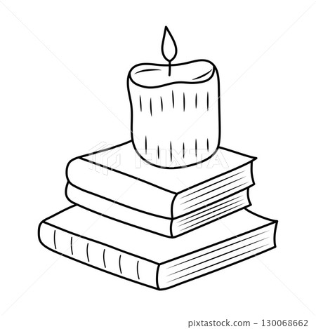 Candle on stack of books. Doodle line vector illustration Candle on stack of books. Doodle line vector illustration 130068662