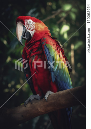 Scarlet macaw with vibrant plumage in rainforest 130068964