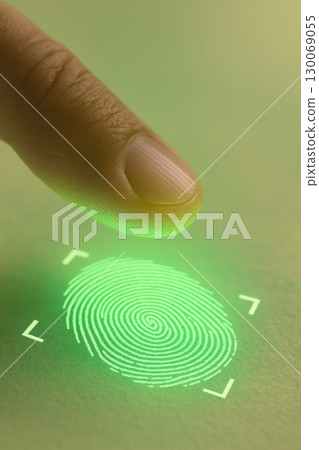 Biometric fingerprint scan security authentication system with glowing green digital sensor Biometric fingerprint scan security authentication system with glowing green digital sensor 130069055