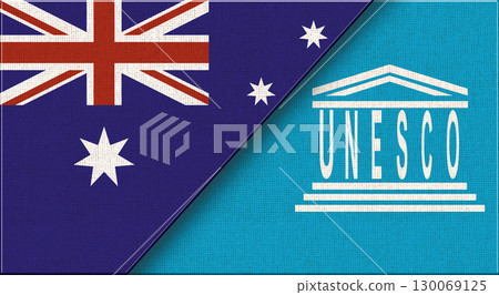 Flags of Australia and UNESCO. 3D illustration. Two flags Together Flags of Australia and UNESCO. 3D illustration. Two flags Together 130069125