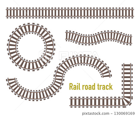 Deformed simple railroad track illustration parts set, overhead view 130069169