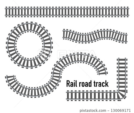 Deformed simple railroad track illustration parts set, overhead view 130069171