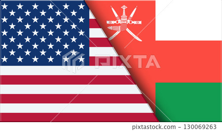 Flags of USA and Oman. United States and Omani National flags on Fabric 130069263