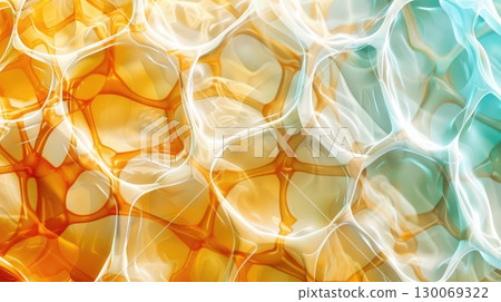 Closeup of a beautiful iridescent soap bubble in orange and blue. AI-generated content. 130069322