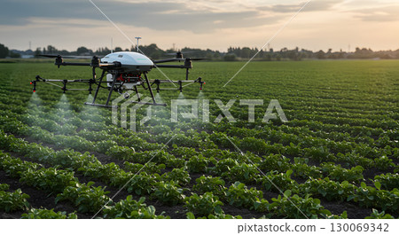 Agricultural drone spraying pesticide over green crop field at sunset with calm atmosphere 130069342
