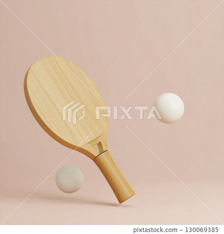 Wooden paddle racket with two white balls floating on soft beige background 130069385