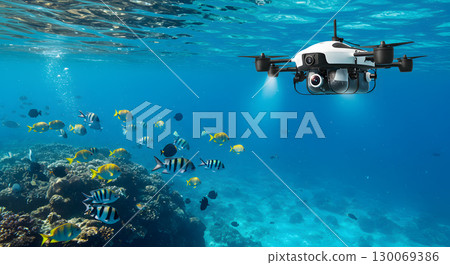 Underwater drone exploring colorful fish and coral reef in clear blue ocean water 130069386