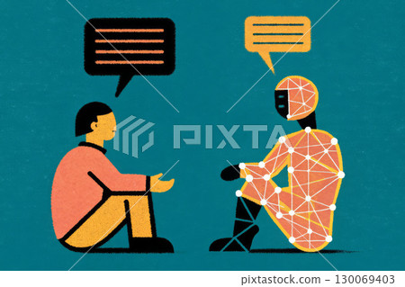 A man is depressed and asks for help from an artificial intelligence chat. Conversation with a humanoid robot A man is depressed and asks for help from an artificial intelligence chat. Conversation with a humanoid robot 130069403