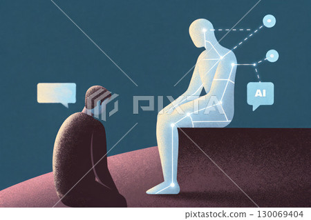 A man is depressed and asks for help from an artificial intelligence chat. Conversation with a humanoid robot 130069404