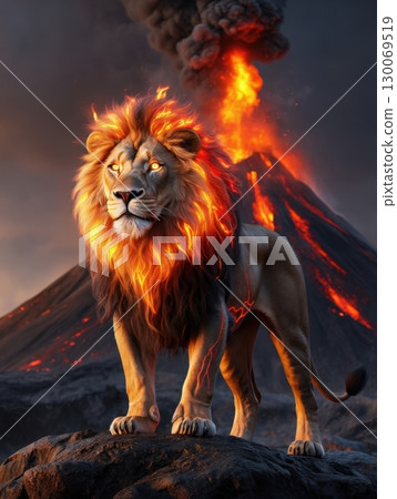 A majestic lion with a fiery mane stands powerfully in front of a glowing erupting volcano under dramatic skies 130069519