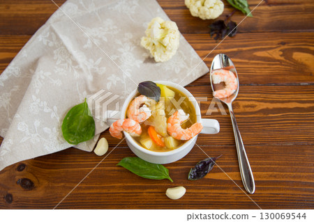 Healthy Vegetable Soup with Shrimp for a Light Winter Lunch 130069544