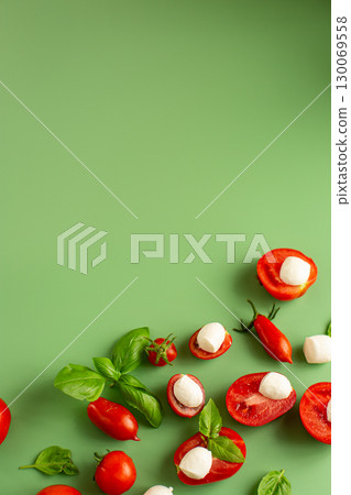 still life with mozzarella tomatoes and herbs on top 130069558