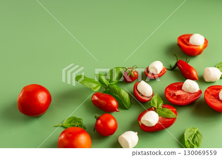 vegetarian composition of fresh vegetables and cheese 130069559