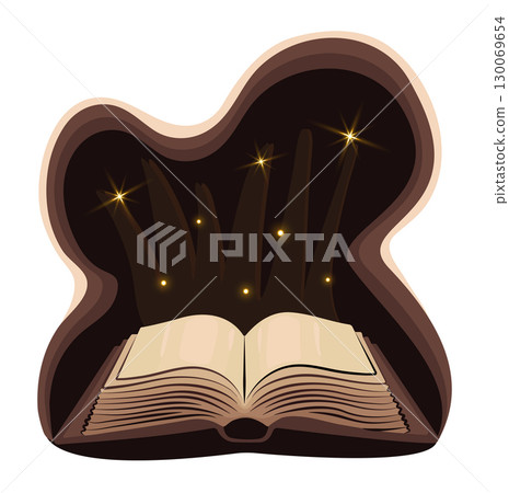 Magical open book with blank pages, notebook on dark background, dark academy literature, big vintage opened book, vector color illustration isolated on white Magical open book with blank pages, notebook on dark background, dark academy literature, big vintage opened book, vector color illustration isolated on white 130069654