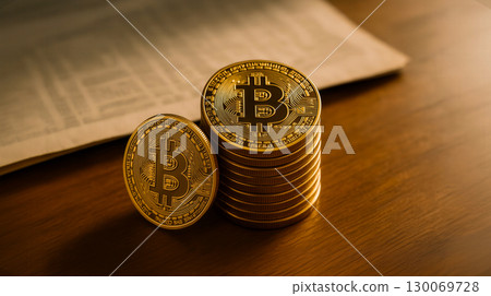 Golden bitcoin stack beside folded newspaper on wooden table; neatly arranged bitcoins symbolize cryptocurrency and modern financial investment, highlighting crypto trading and digital currency. Golden bitcoin stack beside folded newspaper on wooden table; neatly arranged bitcoins symbolize cryptocurrency and modern financial investment, highlighting crypto trading and digital currency. 130069728