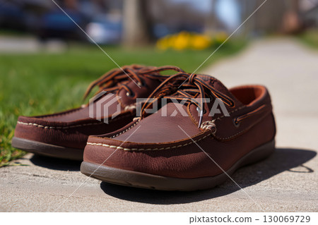 Pair of brown leather moccasins with decorative stitching and laces placed on concrete sidewalk in sunny weather, soft leather texture and relaxed shape visible, casual outdoor footwear vibe Pair of brown leather moccasins with decorative stitching and laces placed on concrete sidewalk in sunny weather, soft leather texture and relaxed shape visible, casual outdoor footwear vibe 130069729