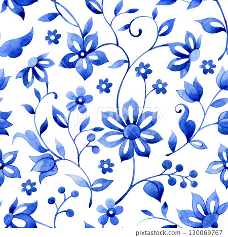 seamless pattern with watercolor floral ornaments. oriental blue print seamless pattern with watercolor floral ornaments. oriental blue print 130069767