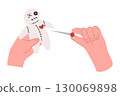 Two hands performing a voodoo ritual: one hand holds a voodoo doll while the other inserts a pin. Fun illustration in a spooky, mystical style, perfect for Halloween, magic, or occult themed designs 130069898