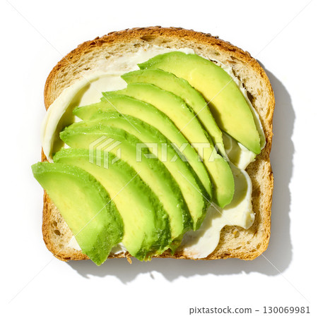 sandwich with cream cheese and sliced avocado 130069981