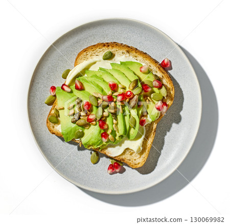 plate of healthy breakfast sandwich 130069982