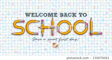 Welcome Back to School Typography Lettering of Graphite Pencil Design on White Sheet of Notebook Background. Vector Education, Learning and Knowledge Illustration with Hand Drawn Doodles for Greeting Welcome Back to School Typography Lettering of Graphite Pencil Design on White Sheet of Notebook Background. Vector Education, Learning and Knowledge Illustration with Hand Drawn Doodles for Greeting 130070081