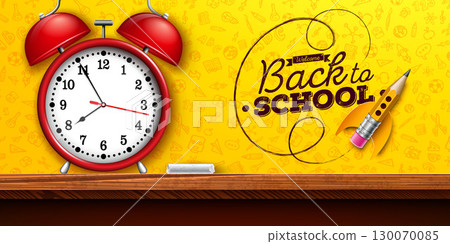 Back to School Banner Design with Red Alarm Clock and Typography Lettering on Yellow Hand Drawn Doodles Background. Vector Education, Learning and Knowledge Illustration for Greeting Card, Flyer 130070085