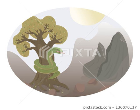 Green snake on the tree, a large reptile wraps around an oak, vector color illustration Green snake on the tree, a large reptile wraps around an oak, vector color illustration 130070137
