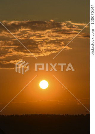 The setting sun in summer. The sun circle and the forest on the horizon.  The sun goes behind a cloud in the evening. 130070144