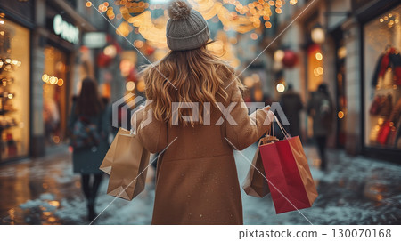 Woman holding shopping bags walking on festive street with Christmas lights 130070168
