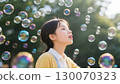An innocent woman playing among countless soap bubbles illuminated by sunlight in a park outdoors on a sunny day 130070323