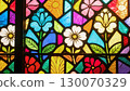 Botanical stained glass background of colorful flowers and plants that transmit light 130070329