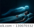 Spiritual scene of a man experiencing an out-of-body experience while sleeping 130070332