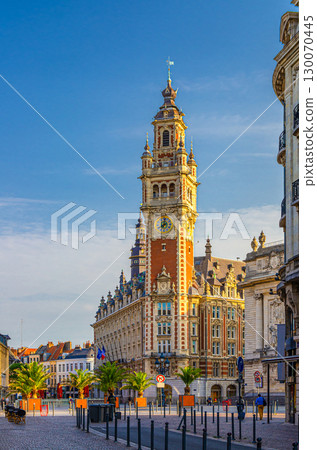Lille Chamber of Commerce and Industry Nouvelle Bourse with bell tower on Place du Theatre square in historical city center, French Flanders, Nord department, Hauts-de-France Region, Northern France 130070445