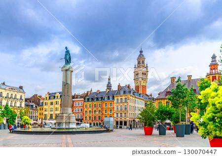 Lille cityscape, La Grand Place square in city center, Flemish mannerist architecture style buildings, Column of Goddess and bell tower Chamber of Commerce, Hauts-de-France Region, Northern France 130070447