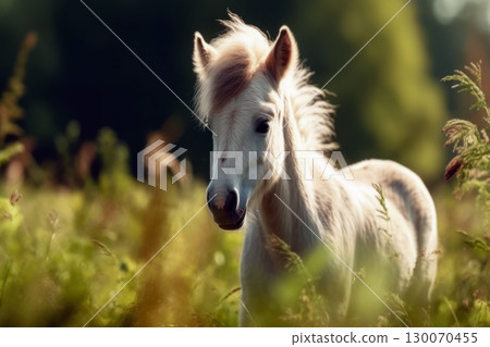 Adorable foal in green meadow 130070455