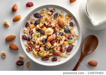 Stylish tableware.  Top view of a tray of muesli in nuts on a bowl and milk jug on a white background. Classic breakfast. 130070464