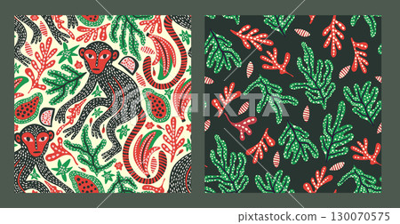 Whimsical Monkey Exotic Vintage Seamless Pattern Background Tropical Jungle Poster Set Boho Vector Collection 130070575