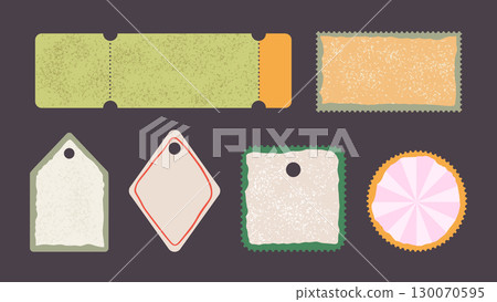 Vintage Label Sticker Tag Textured Badge Postage Packaging Vector Set Coupon Shop Sale Torn Blank Paper 130070595