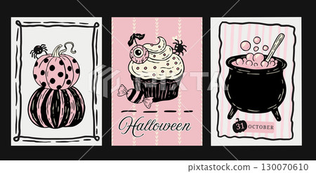 Retro Pink Halloween Poster Flyer Set Whimsical Doodle Coquette Cute Card Vector With Cupcake Cauldron Pumpkin 130070610