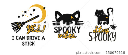 Halloween Party Witch Broom Black Cat Whimsical Kids Print Banner Text Happy Halloween Vector Set Halloween Party Witch Broom Black Cat Whimsical Kids Print Banner Text Happy Halloween Vector Set 130070616
