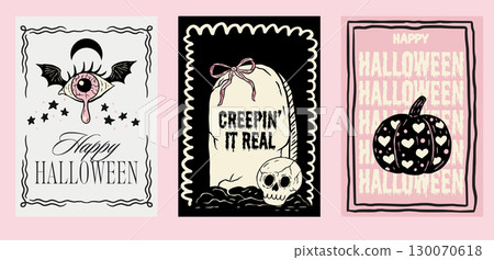 Retro Pink Halloween Poster Flyer Set Whimsical Doodle Coquette Cute Card Vector With Eyeball Grave Pumpkin Skull Retro Pink Halloween Poster Flyer Set Whimsical Doodle Coquette Cute Card Vector With Eyeball Grave Pumpkin Skull 130070618