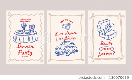 Doodle Wedding Sketch Card Set Love Romantic Hand Drawn Chalk Greeting Banner Vintage Vector Save The Date Party Event 130070619