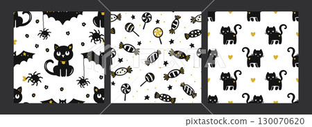 Retro Halloween Seamless Pattern Whimsical Cute Vector Black Cat Candy Bat Spider Candy 130070620
