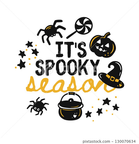 Halloween Party Spider Pumpkin Candy Witch Hat Whimsical Kids Print Spooky Text Banner Text Happy Halloween Vector T-Shirt 130070634