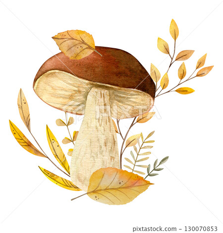 Watercolor hand drawn composition with mushroom and dry leave on the cap, dry yellow leaves and branches Watercolor hand drawn composition with mushroom and dry leave on the cap, dry yellow leaves and branches 130070853