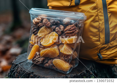 Food on the go. Nutritious snacks. Freeze-dried fruit and nuts in a transparent zip bag on a tree stump next to yellow backpack. 130071032