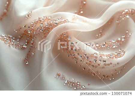 Haute couture or decor. Fabric texture. Bridal tulle fabric with crystal embellishments on a white background. Haute couture or decor. Fabric texture. Bridal tulle fabric with crystal embellishments on a white background. 130071074
