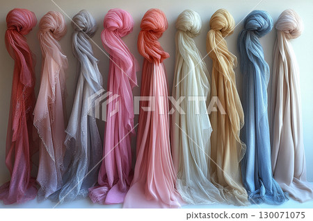 Lighting. Crisp details. Diversity of bridal tulle with crystal embellishments is hanging on the wall. 130071075