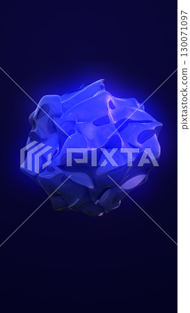 Glowing blue organic abstract 3D shape floating in dark space with illuminated surface reflections Glowing blue organic abstract 3D shape floating in dark space with illuminated surface reflections 130071097